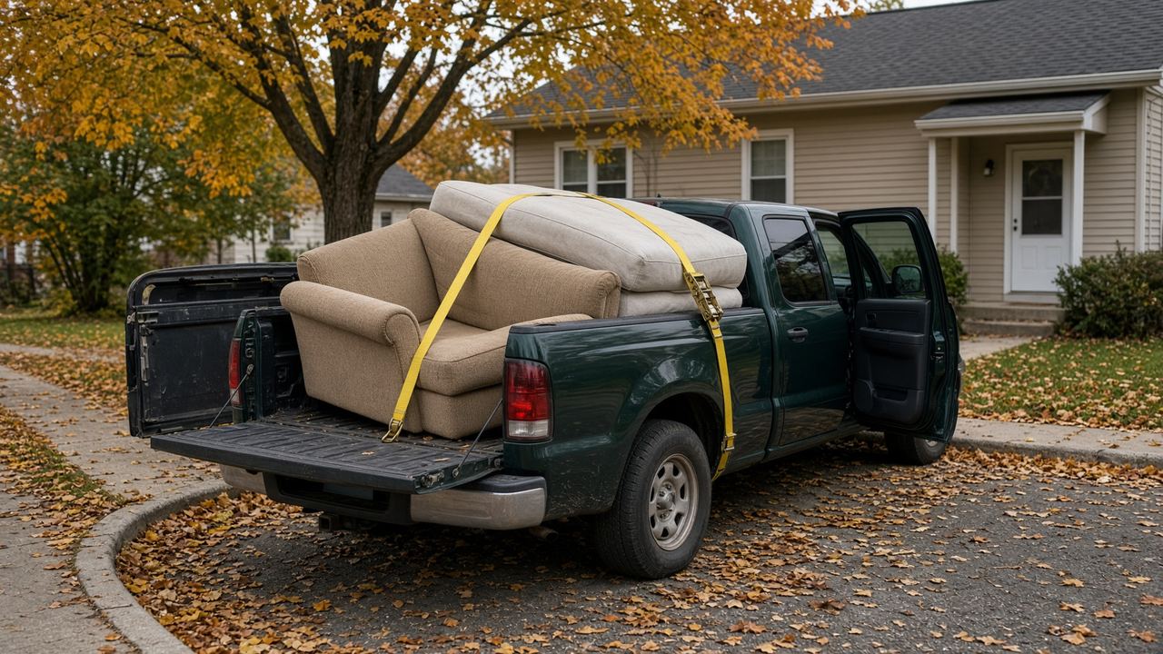 Couch and mattress strapped in the pickup bed
