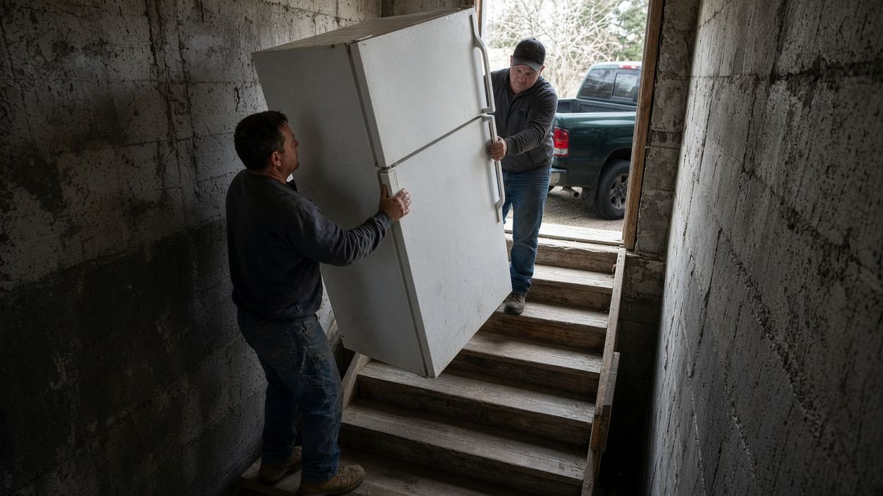 Two people carrying a refrigerator up basement stairs