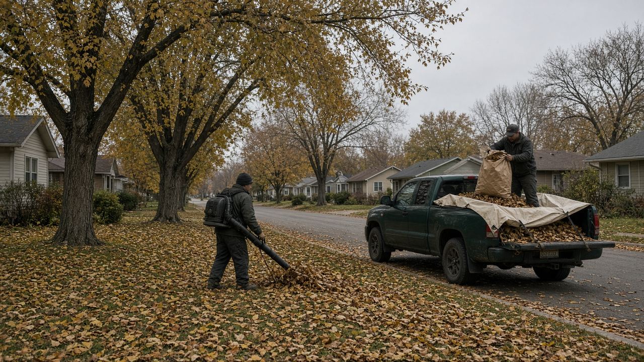 Pickup bed heaped with leaves on a Grand Forks city lot