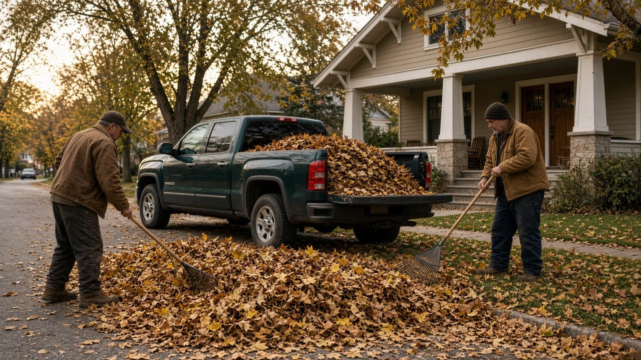 Crew raking a leaf pile toward a forest-green pickup in Grand Forks