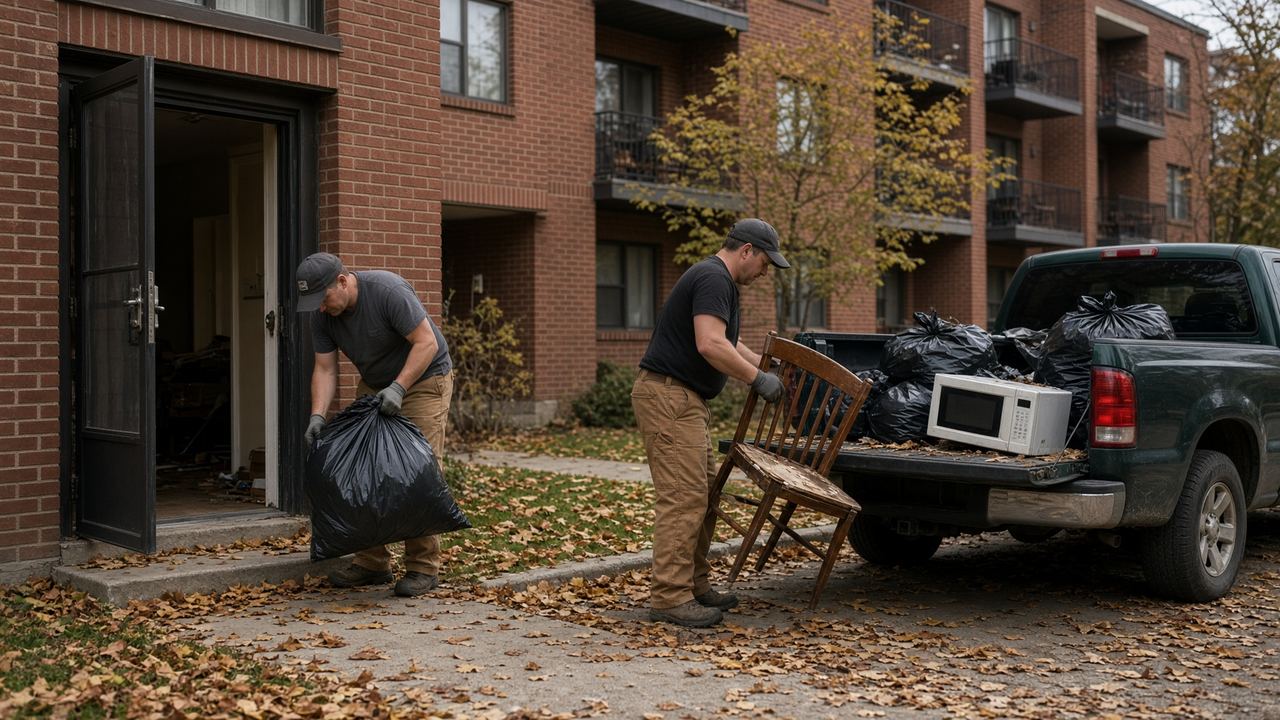 Crew carrying bags and junk from a brick apartment